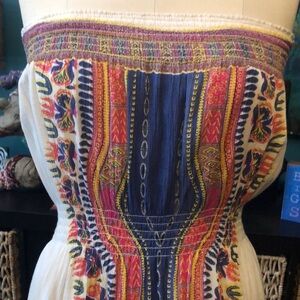 Boho high low strapless white gauze dress with ethnic bold print